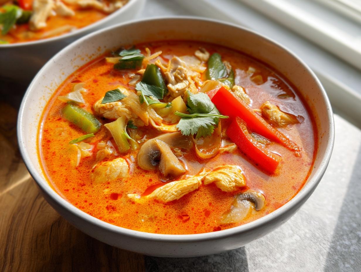 Close-up of a bowl of rich, orange Thai Red Curry Chicken Soup filled with chicken, mushrooms, and red peppers.