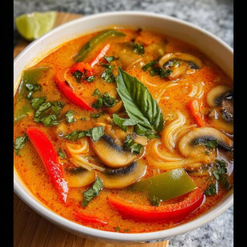 A vibrant bowl of Thai Red Curry Coconut Soup featuring mushrooms, red and green peppers, noodles, and fresh basil.