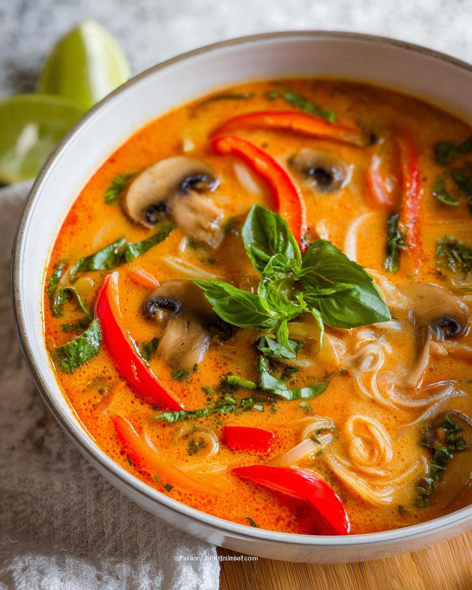 Close-up of a bowl of rich, orange Thai Red Curry Coconut Soup topped with red bell pepper slices, mushrooms, and fresh basil.