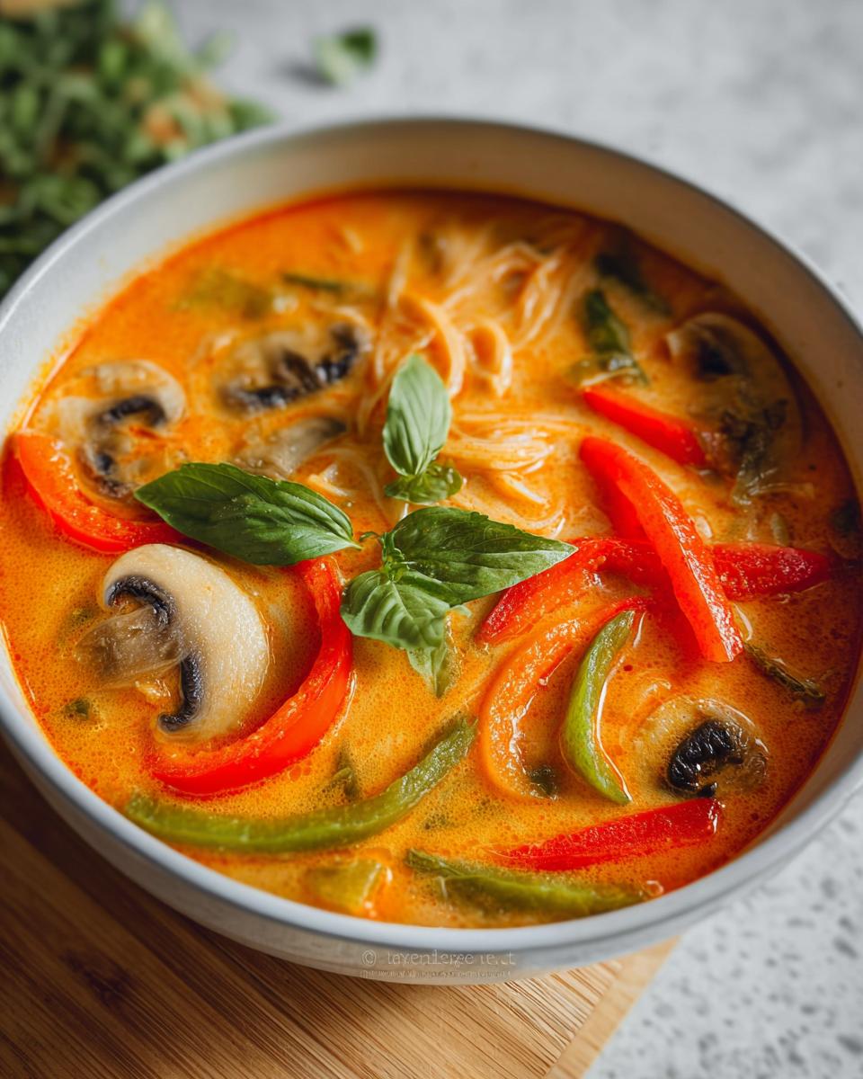 Close-up of a vibrant Thai Red Curry Coconut Soup bowl filled with noodles, mushrooms, red and green peppers, and basil.