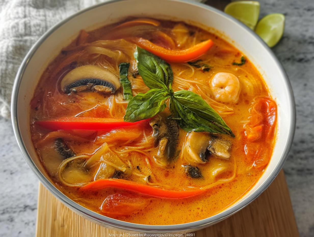 A close-up bowl of rich, orange Thai Red Curry Coconut Soup featuring shrimp, mushrooms, red peppers, and basil.