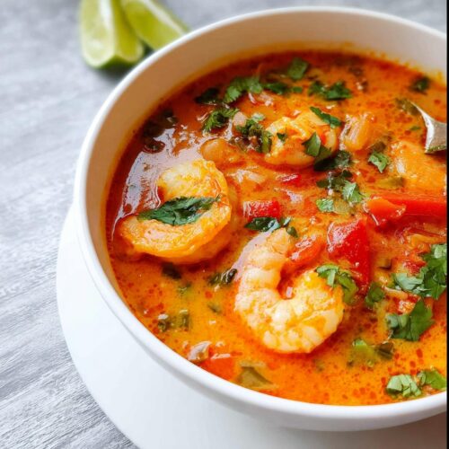 Close-up of a bowl of vibrant Thai Red Curry Shrimp Soup, garnished with fresh cilantro and lime wedges nearby.