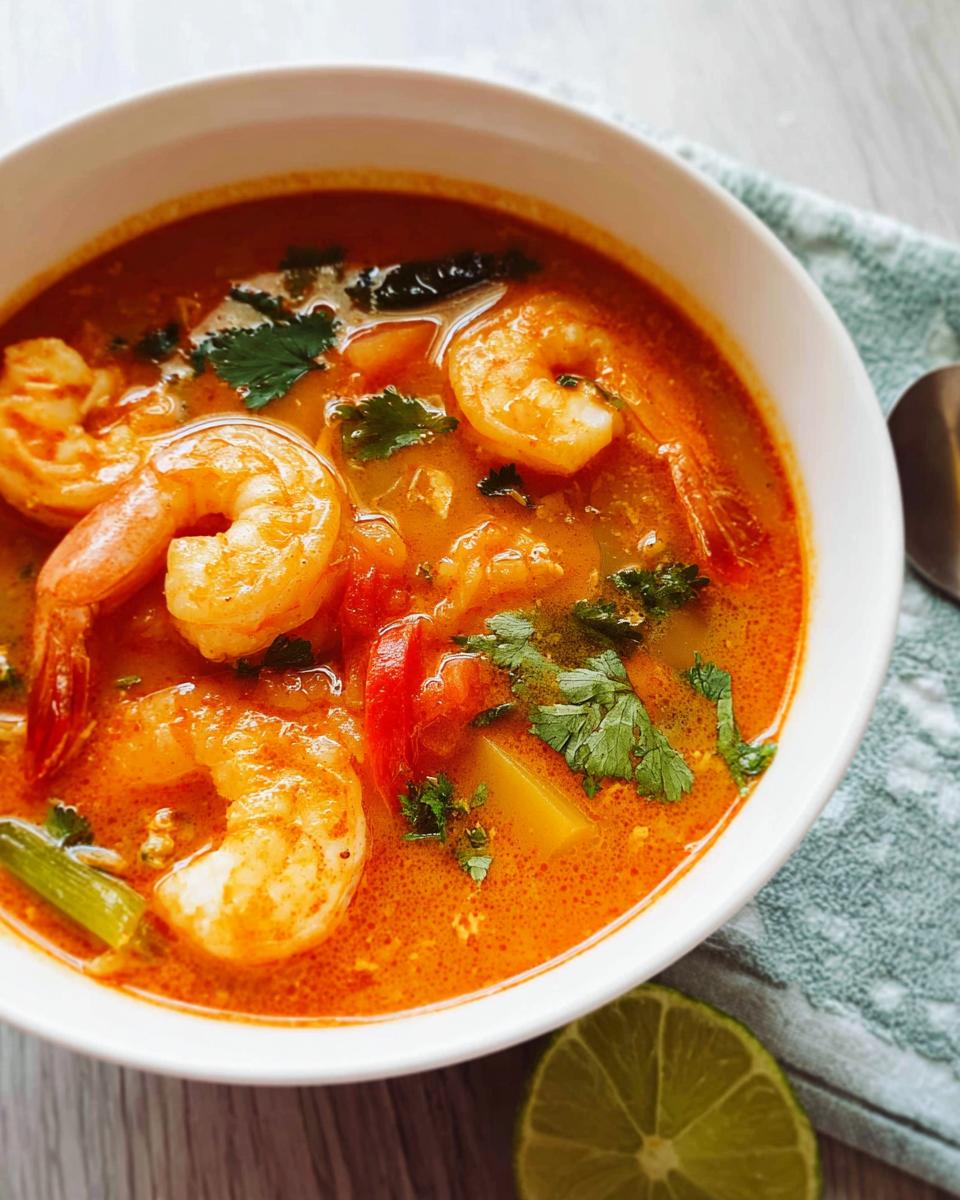 Close-up of a white bowl filled with vibrant Thai Red Curry Shrimp Soup, garnished with cilantro and served with a lime wedge.