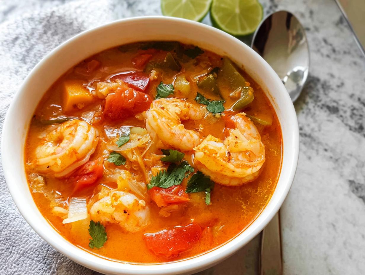 A close-up, overhead view of a white bowl filled with vibrant Thai Red Curry Shrimp Soup, featuring large shrimp, tomatoes, and cilantro.