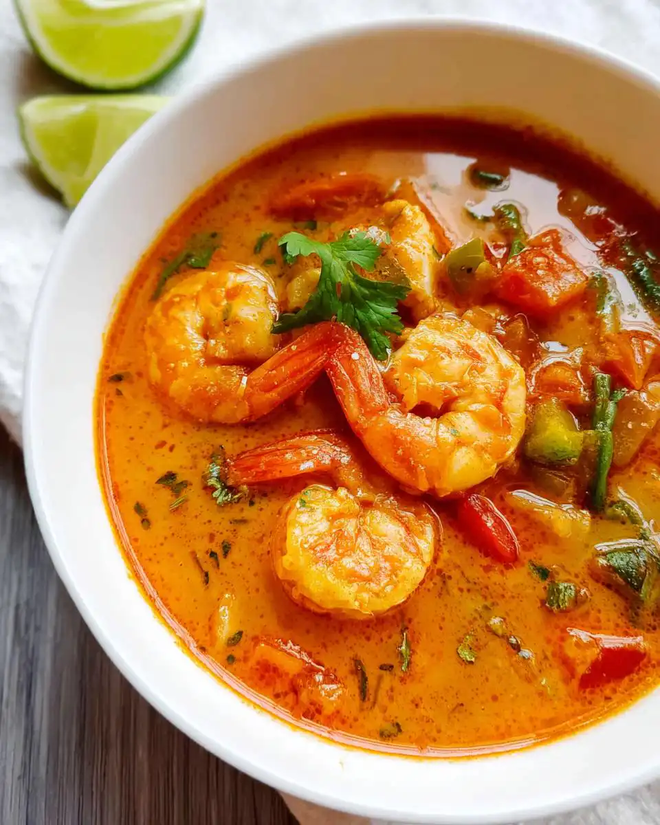 A close-up of a white bowl filled with vibrant orange Thai Red Curry Shrimp Soup, featuring large shrimp and fresh cilantro.