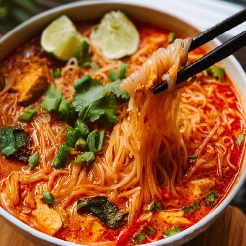 Chopsticks lifting noodles from a bowl of vibrant Thai Red Curry Soup with Rice Noodles.