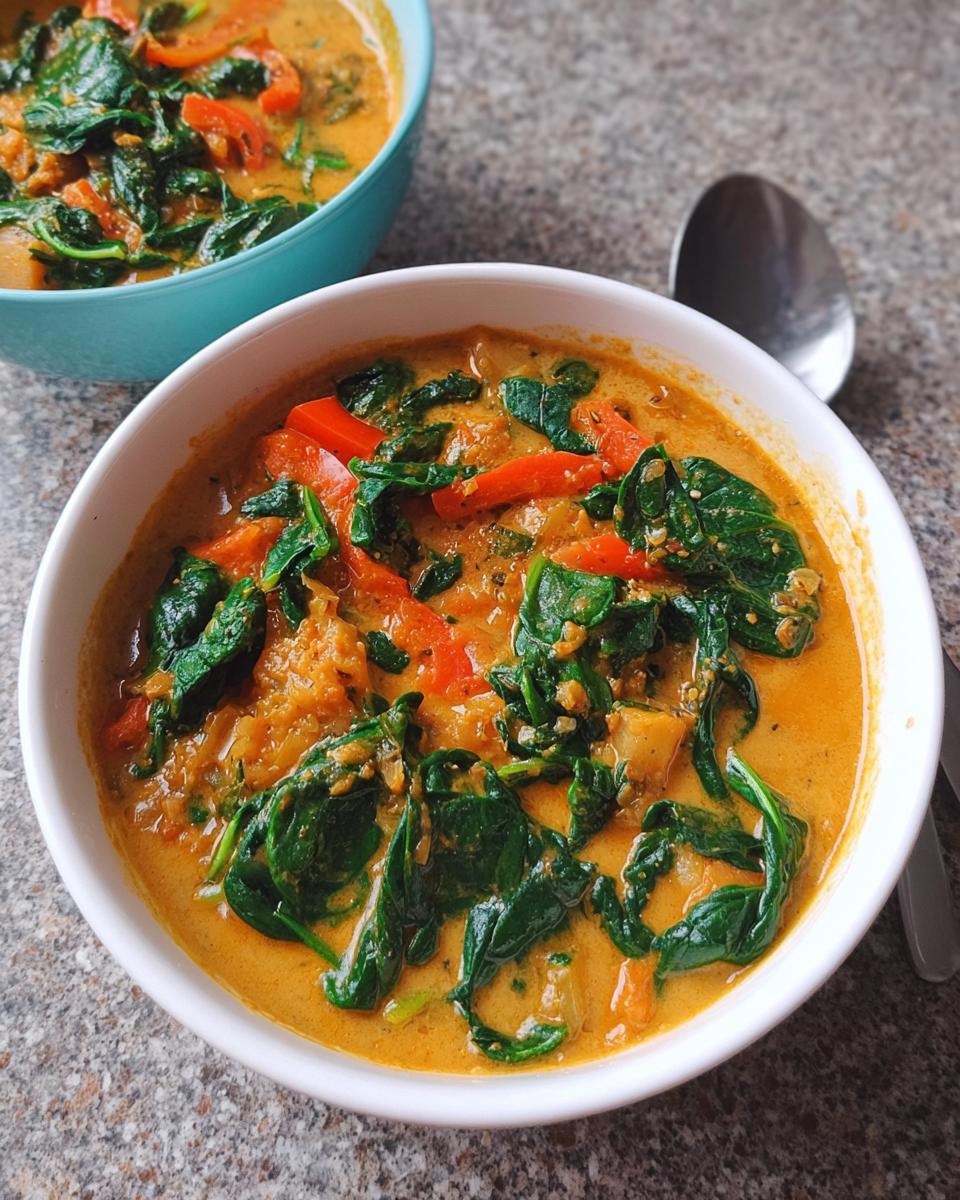 A close-up of a white bowl filled with vibrant Thai Red Curry Soup with Spinach and red peppers.