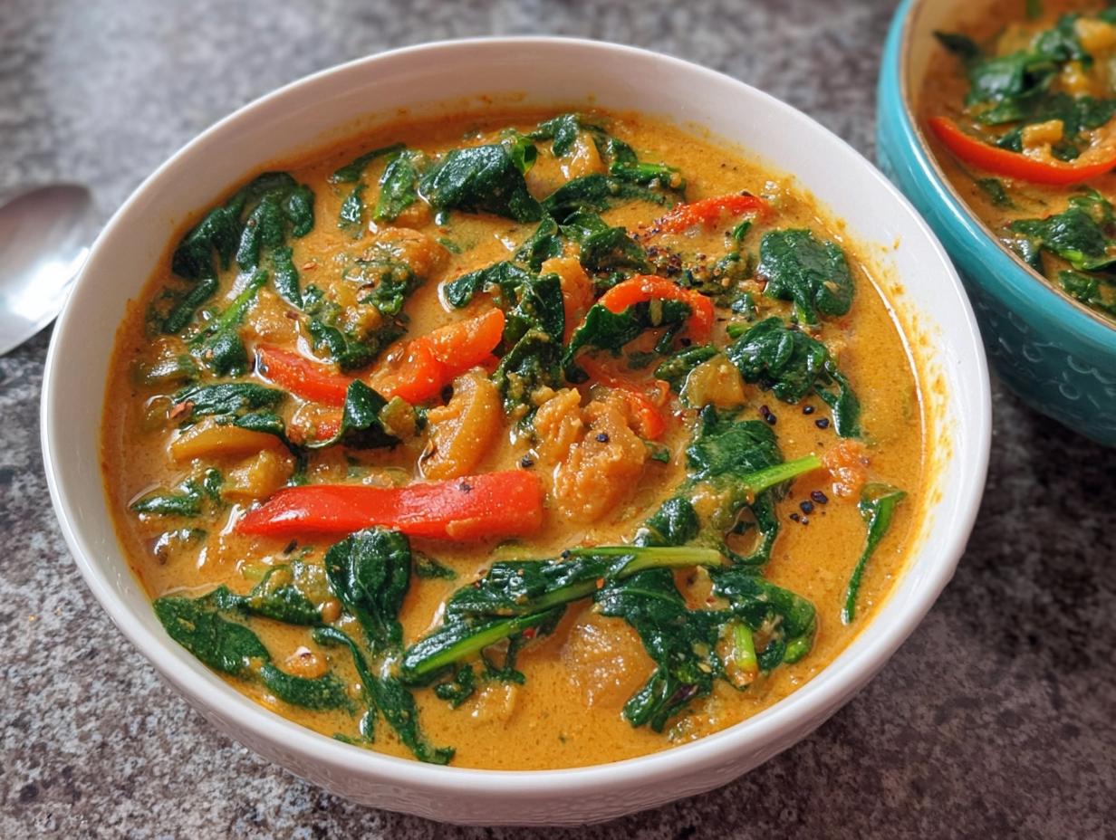 Close-up of a creamy, orange Thai Red Curry Soup with Spinach, red peppers, and spices in a white bowl.