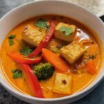 Close-up of a white bowl filled with rich, orange Thai Red Curry Soup with Tofu, red peppers, and broccoli.