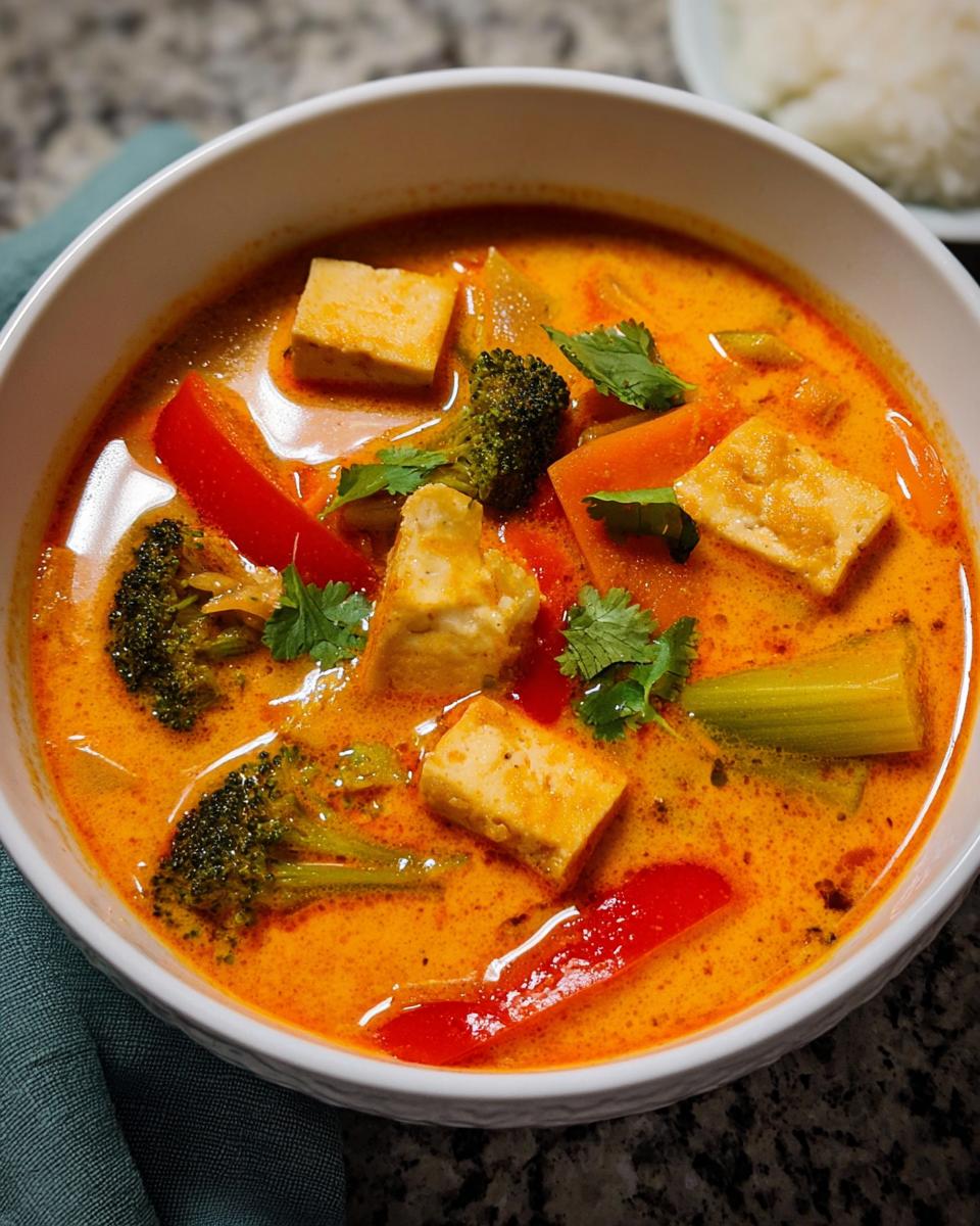 Close-up of a rich, orange Thai Red Curry Soup with Tofu, broccoli, red peppers, and celery, garnished with cilantro.