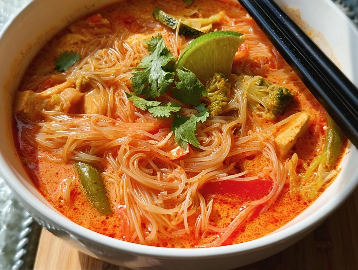 Close-up of a vibrant bowl of Thai Red Curry Soup with Rice Noodles, garnished with lime and cilantro.