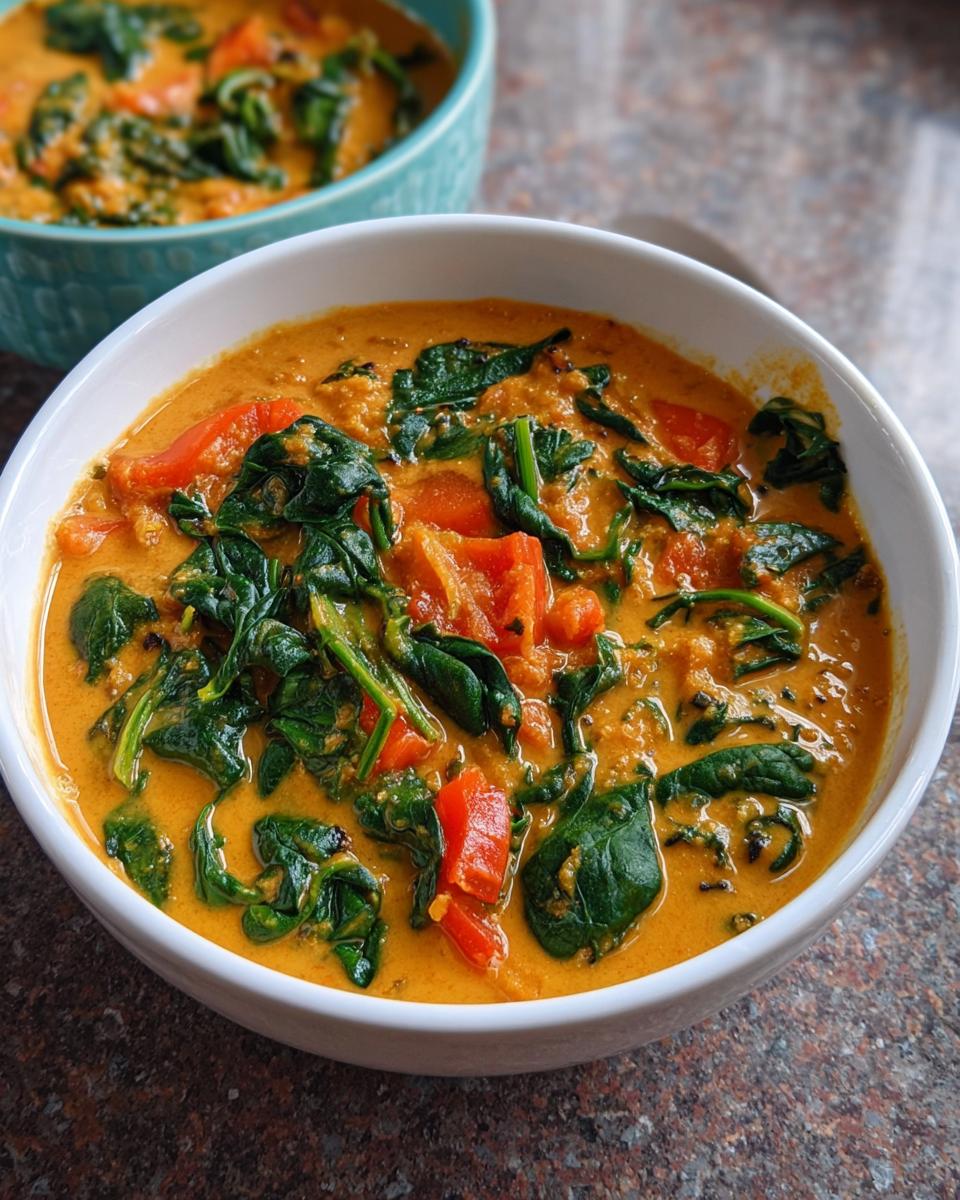 Close-up of a white bowl filled with rich, orange Thai Red Curry Soup with Spinach and chunks of red pepper.
