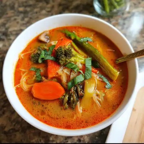 Close-up of a bowl of rich, orange Thai Red Curry Vegetable Soup filled with carrots, broccoli, asparagus, and noodles.