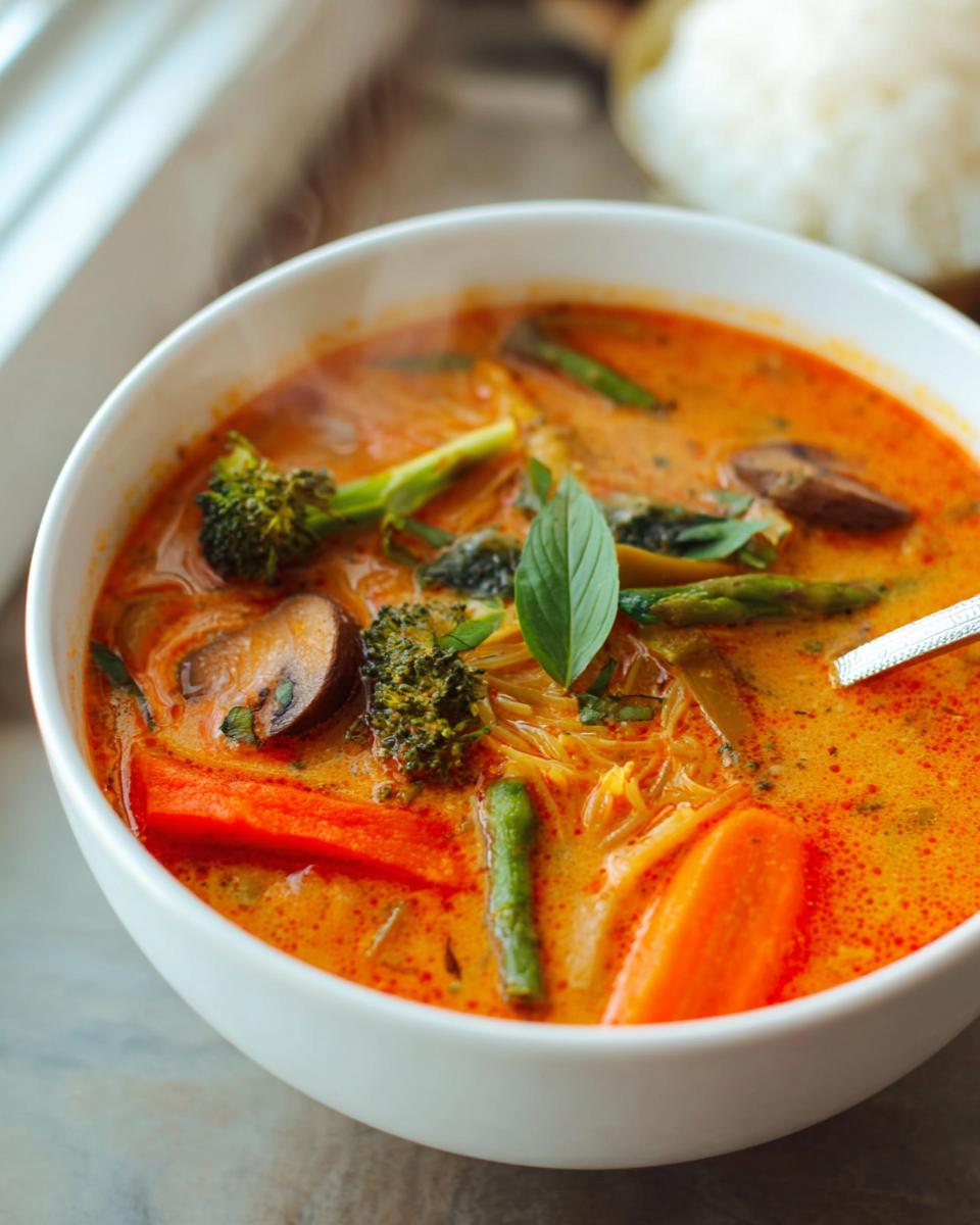 Close-up of a steaming bowl of Thai Red Curry Vegetable Soup filled with carrots, broccoli, mushrooms, and noodles.