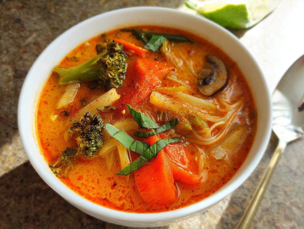 Close-up of a bowl of vibrant Thai Red Curry Vegetable Soup, featuring broccoli, carrots, and basil.