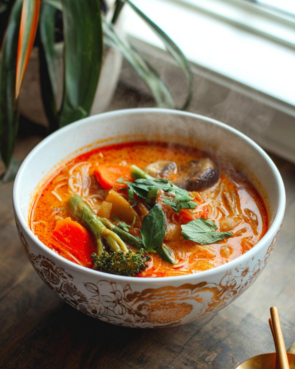 Close-up of a steaming bowl of vibrant Thai Red Curry Vegetable Soup filled with carrots, broccoli, and mushrooms.