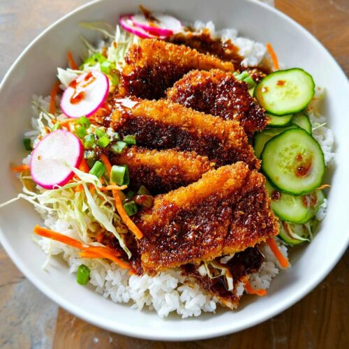 A close-up of a Tofu Katsu Bowl featuring crispy fried tofu slices drizzled with dark sauce over rice and fresh vegetables.