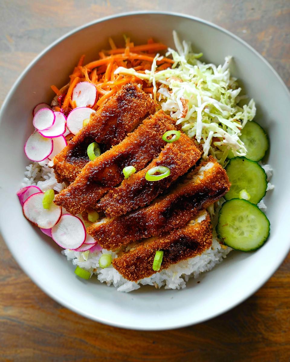 Close-up of a Tofu Katsu Bowl featuring crispy breaded tofu slices over rice with shredded carrots, cabbage, radishes, and cucumbers.