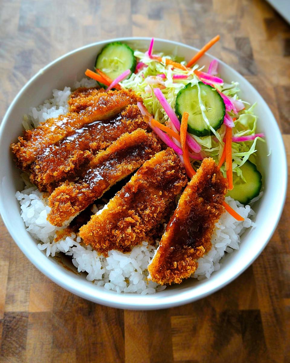 Sliced, crispy Tofu Katsu Bowl served over white rice with a side of shredded cabbage slaw and cucumber.