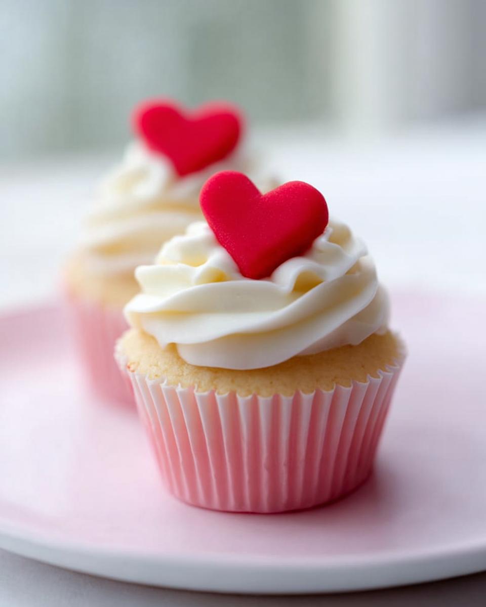 A close-up of one vanilla Valentine Cupcakes with white frosting and a bright red sugar heart topper, sitting on a pink plate.