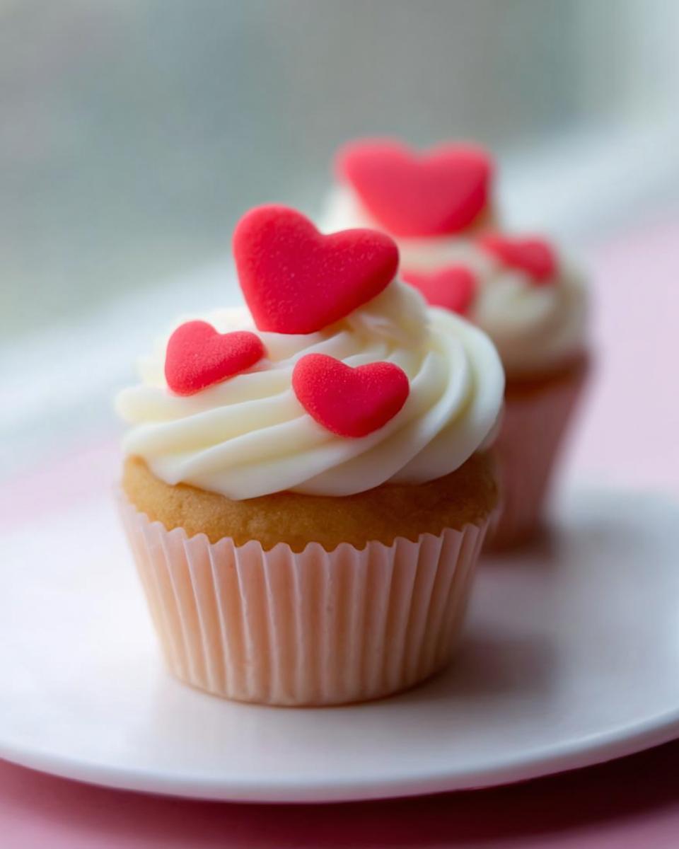 A close-up of a vanilla cupcake topped with white frosting and three bright red sugar hearts, perfect for Valentine Cupcakes with Sugar Heart Toppers.