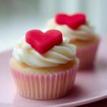 A close-up of one of the Valentine Cupcakes with Sugar Heart Toppers, featuring white frosting and a bright red heart.