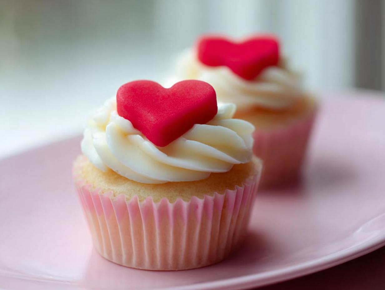 A close-up of one of the Valentine Cupcakes with Sugar Heart Toppers, featuring white frosting and a bright red heart.