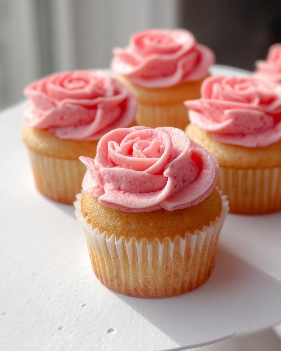 Close-up of Vanilla Cupcakes with Valentine Buttercream Roses, featuring pink frosting piped into rose shapes.