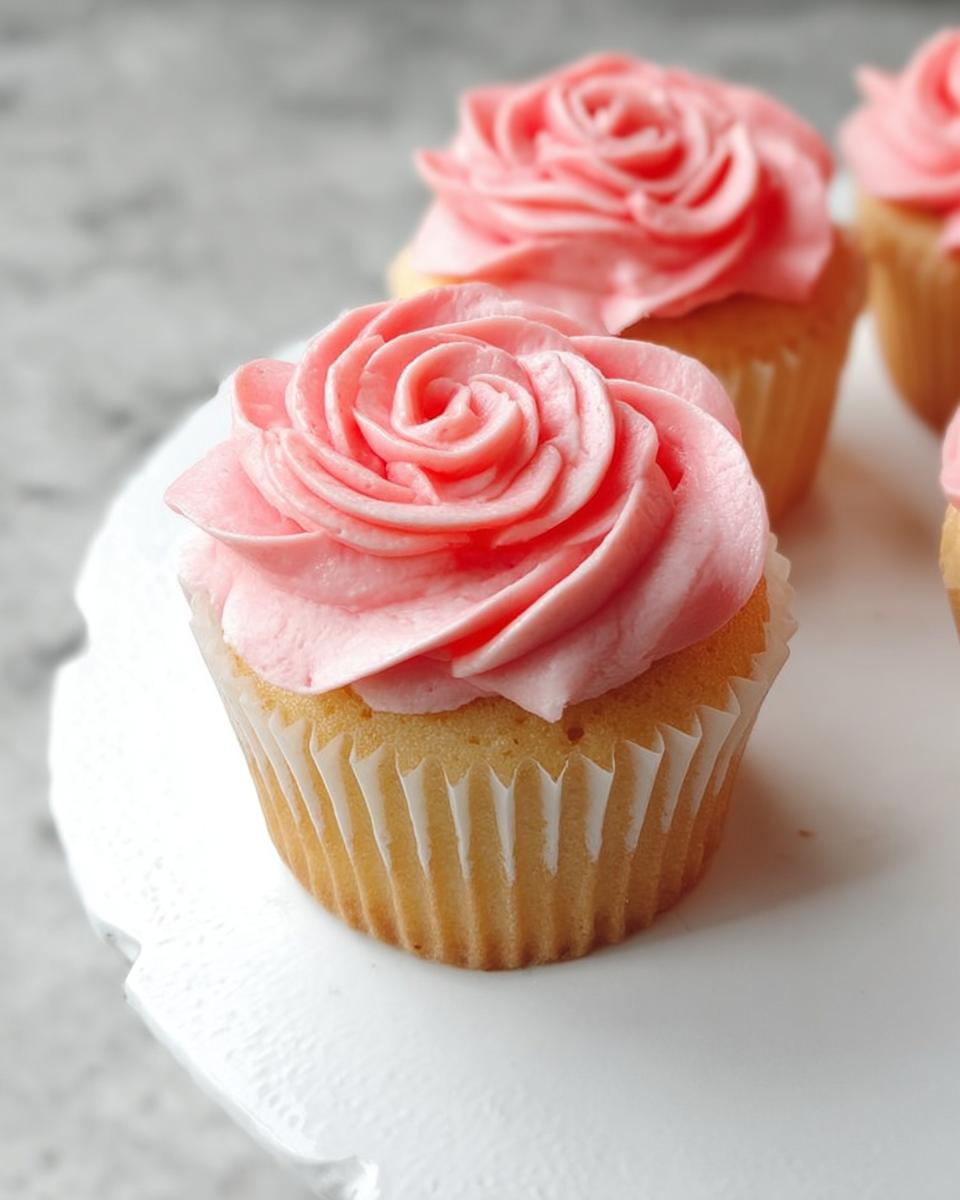 Close-up of a vanilla cupcake topped with vibrant pink buttercream frosting piped into the shape of a rose.