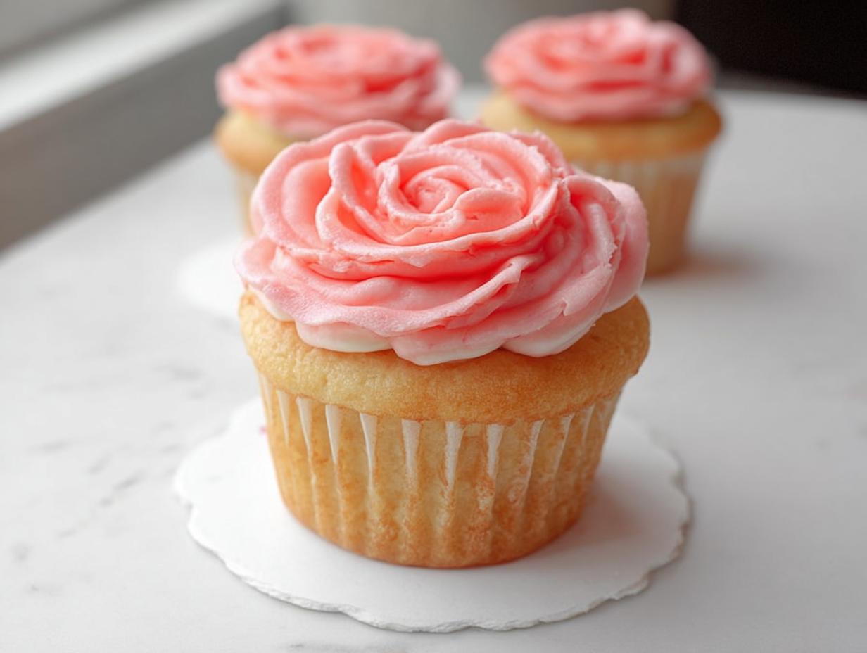 Close-up of a vanilla cupcake topped with vibrant pink buttercream shaped like a rose, part of a batch of Valentine Cupcakes.