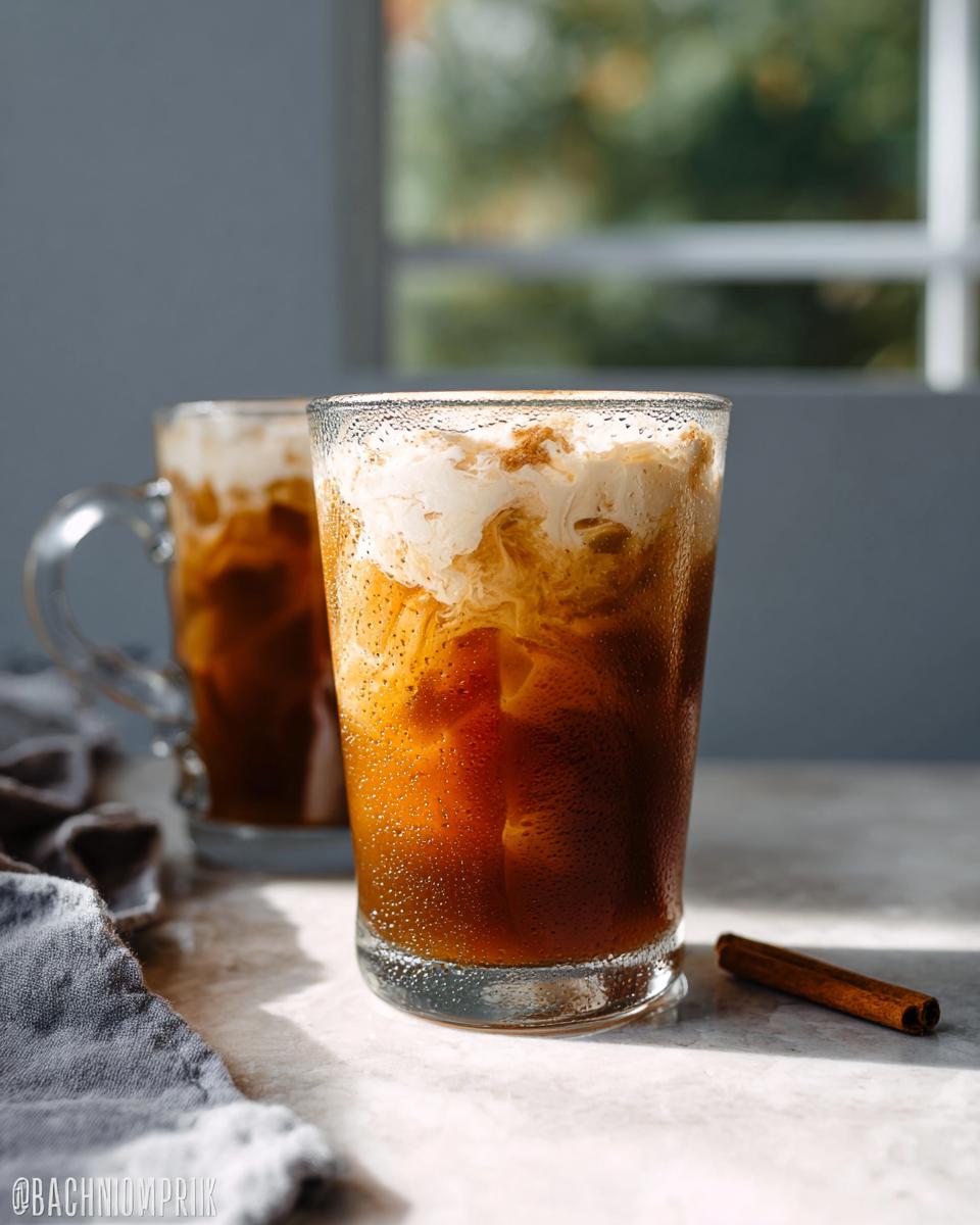 Close-up of a frosty glass containing a Vegan Iced Chai Tea Latte with creamy vegan milk swirling into the dark tea.