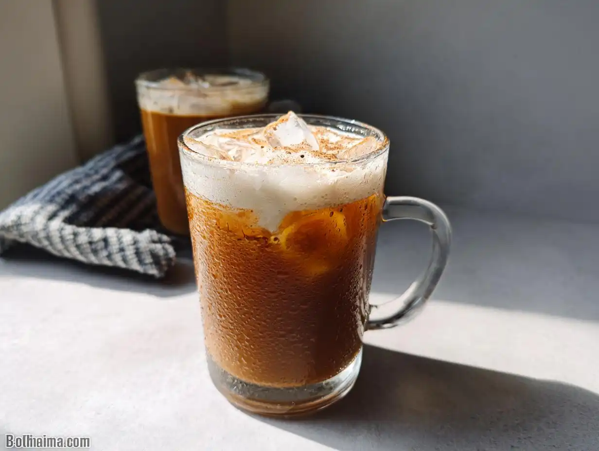 Close-up of a frosty glass mug filled with Vegan Iced Chai Tea Latte, ice, and creamy foam topping.