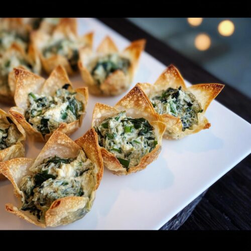 Close-up of baked Vegan Spinach Artichoke Wonton Cups arranged on a white platter.