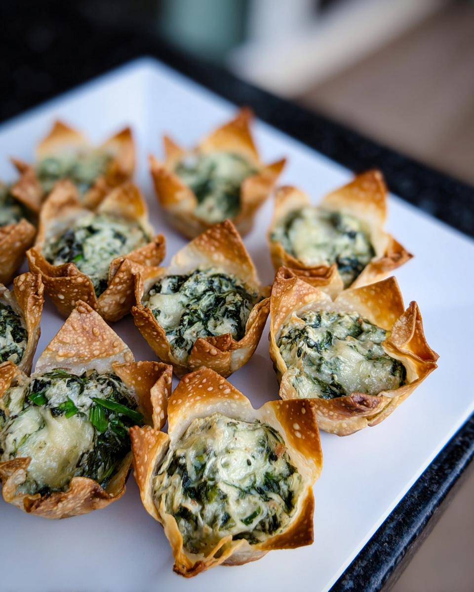 Close-up of baked Vegan Spinach Artichoke Wonton Cups arranged on a white platter.
