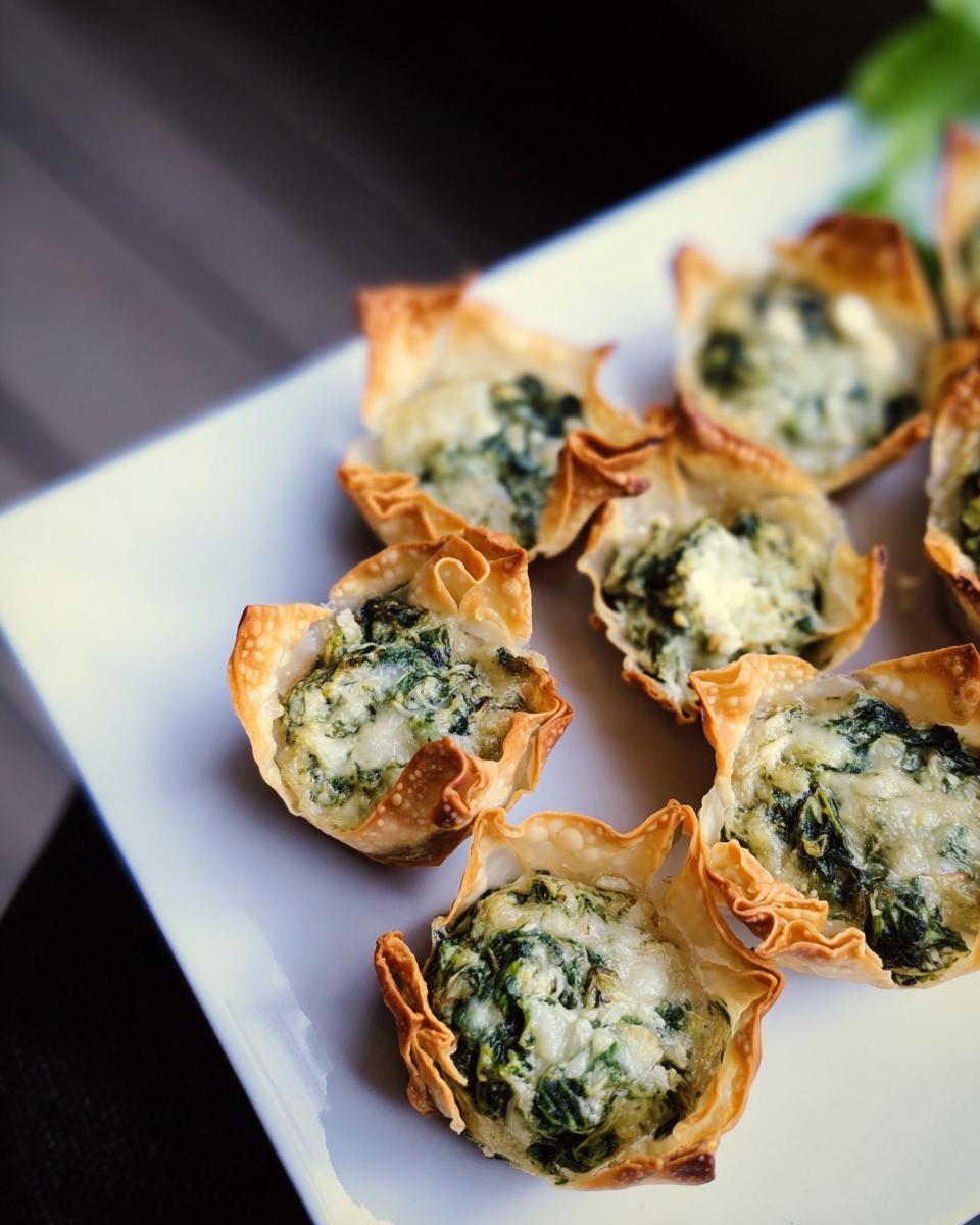 Close-up of baked Vegan Spinach Artichoke Wonton Cups served on a white platter.