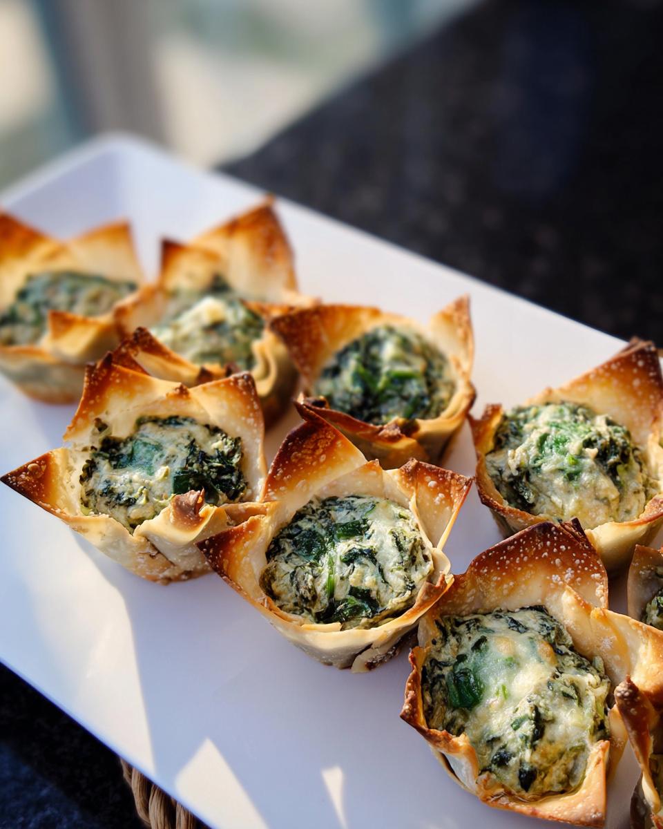 Close-up of baked Vegan Spinach Artichoke Wonton Cups arranged on a white platter.
