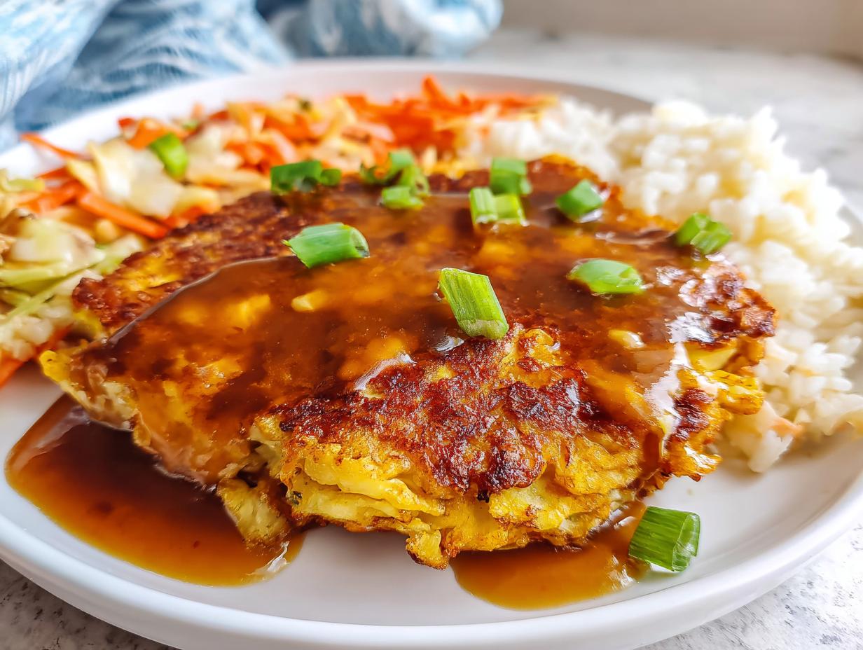 Close-up of a golden-brown Vegetable Egg Foo Young patty covered in savory brown sauce and green onions.