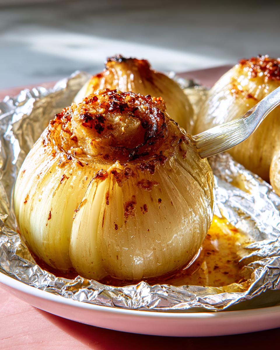 Close-up of a large, roasted onion being basted with a brush while sitting in aluminum foil, part of the Viral Foil-Wrapped Onion Boil.