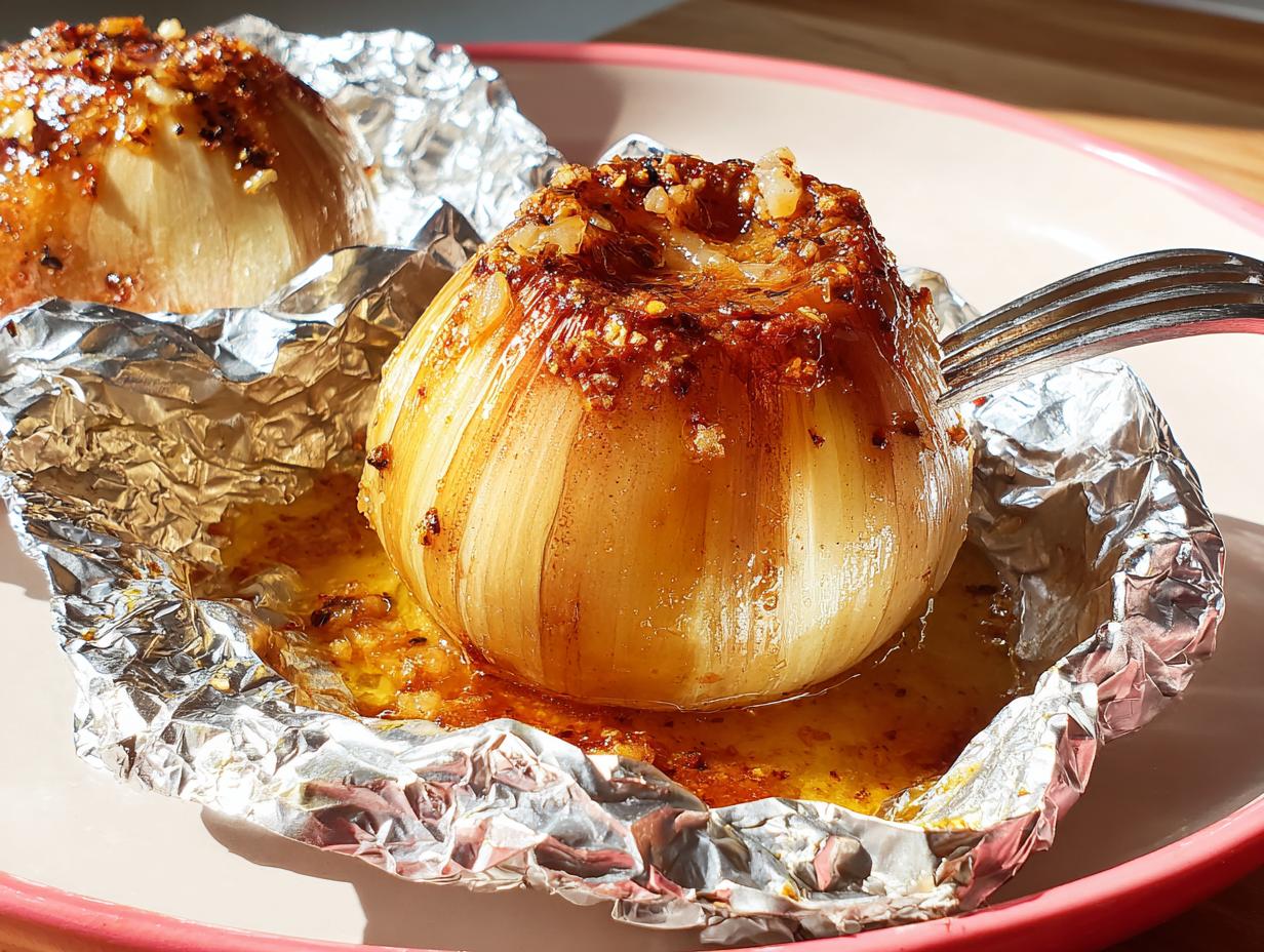 Close-up of a tender, cooked onion sitting in its foil wrapper, ready for the Viral Foil-Wrapped Onion Boil.