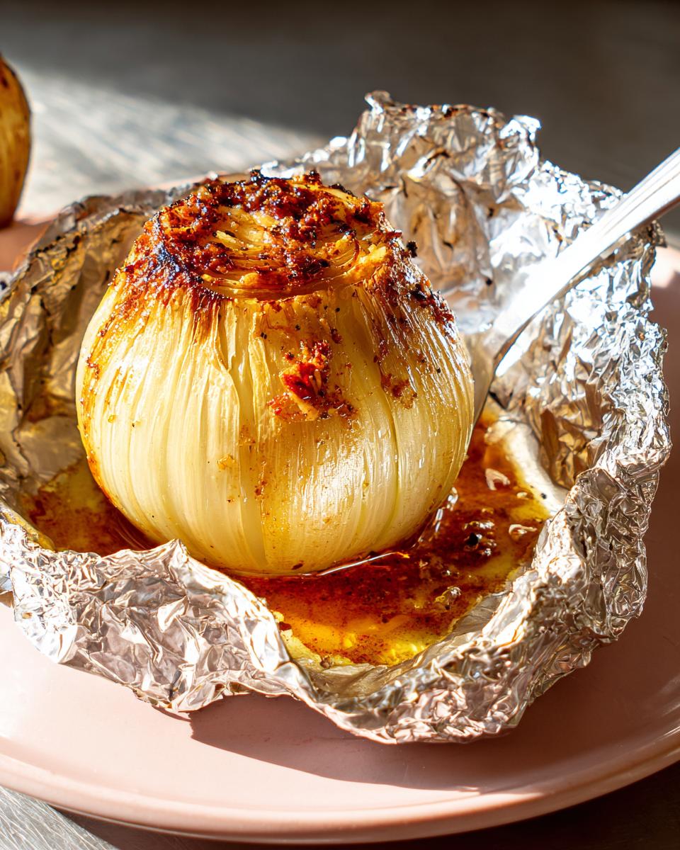 A single, whole onion roasted until golden brown, sitting in its foil wrapping with rendered juices, ready for the Viral Foil-Wrapped Onion Boil.