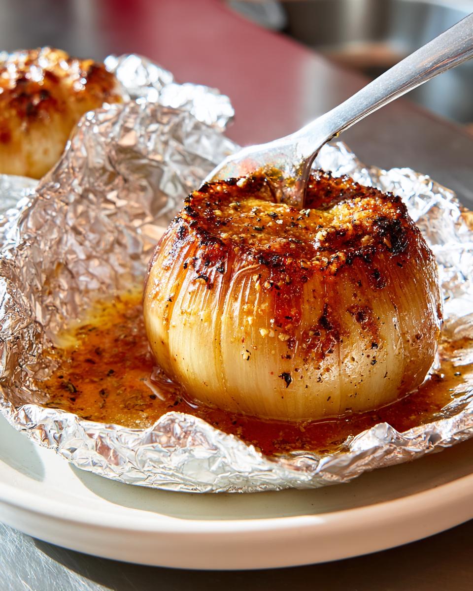 A close-up of a tender Viral Foil-Wrapped Onion Boil being scooped with a spoon, sitting in seasoned liquid.
