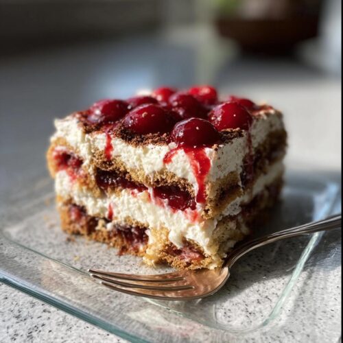 A decadent slice of White Chocolate Cherry Tiramisu layered with cream, ladyfingers, and topped with glistening cherries.