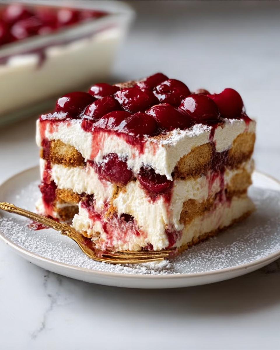 A perfect slice of White Chocolate Cherry Tiramisu layered with cream, ladyfingers, and topped with glossy cherries.