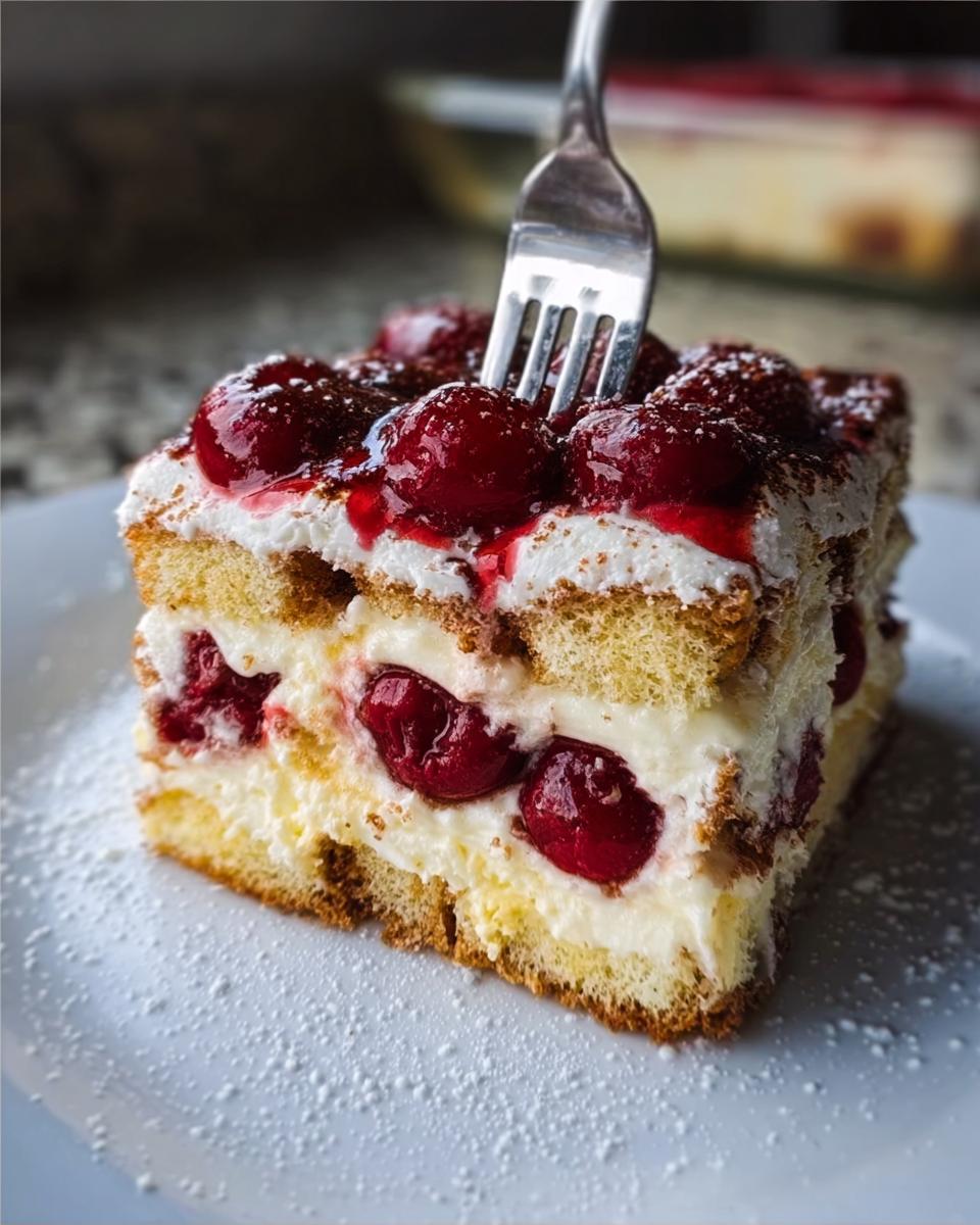 A tempting slice of White Chocolate Cherry Tiramisu layered with cream and cherries, with a fork poised to take a bite.