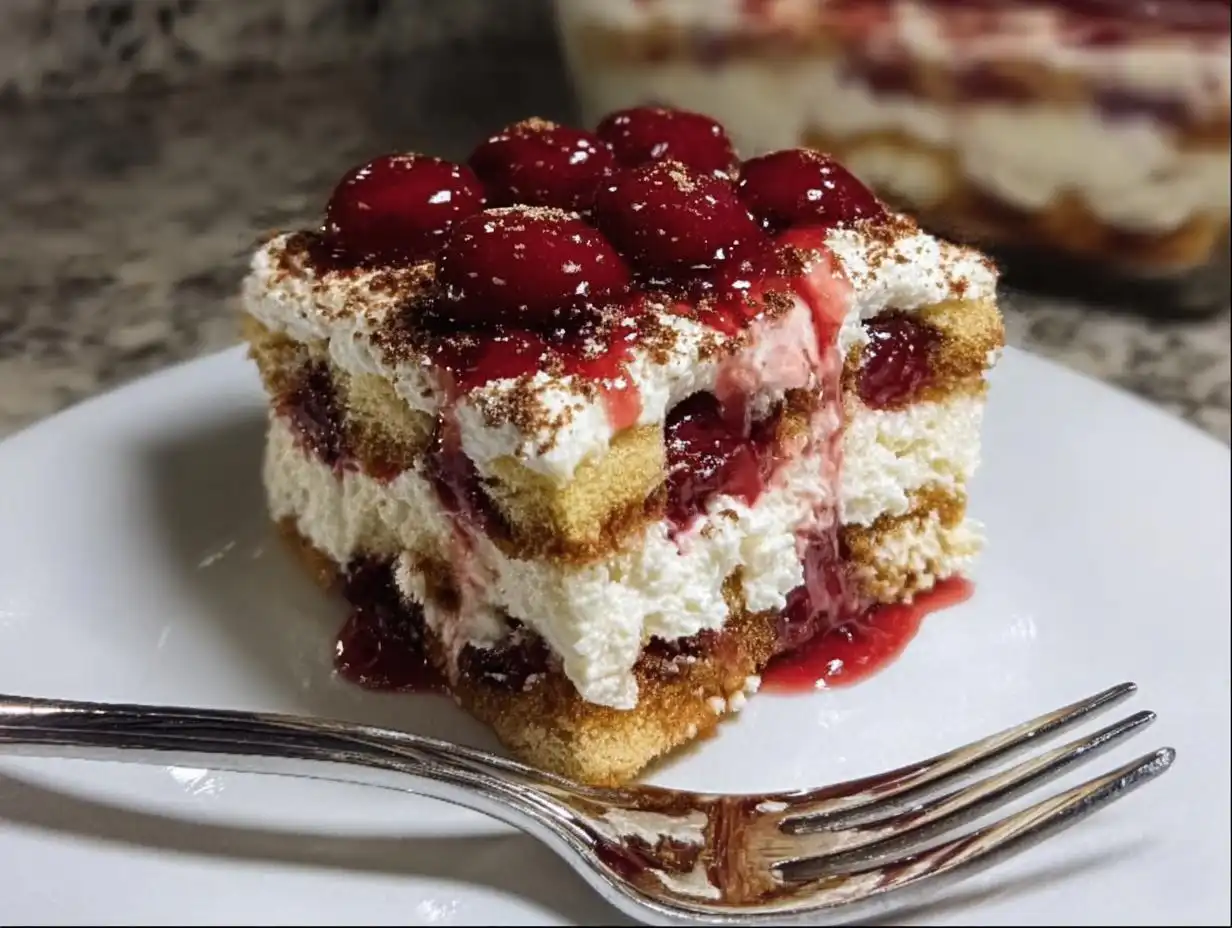 A decadent slice of White Chocolate Cherry Tiramisu topped with whole cherries and chocolate dust, resting on a white plate.