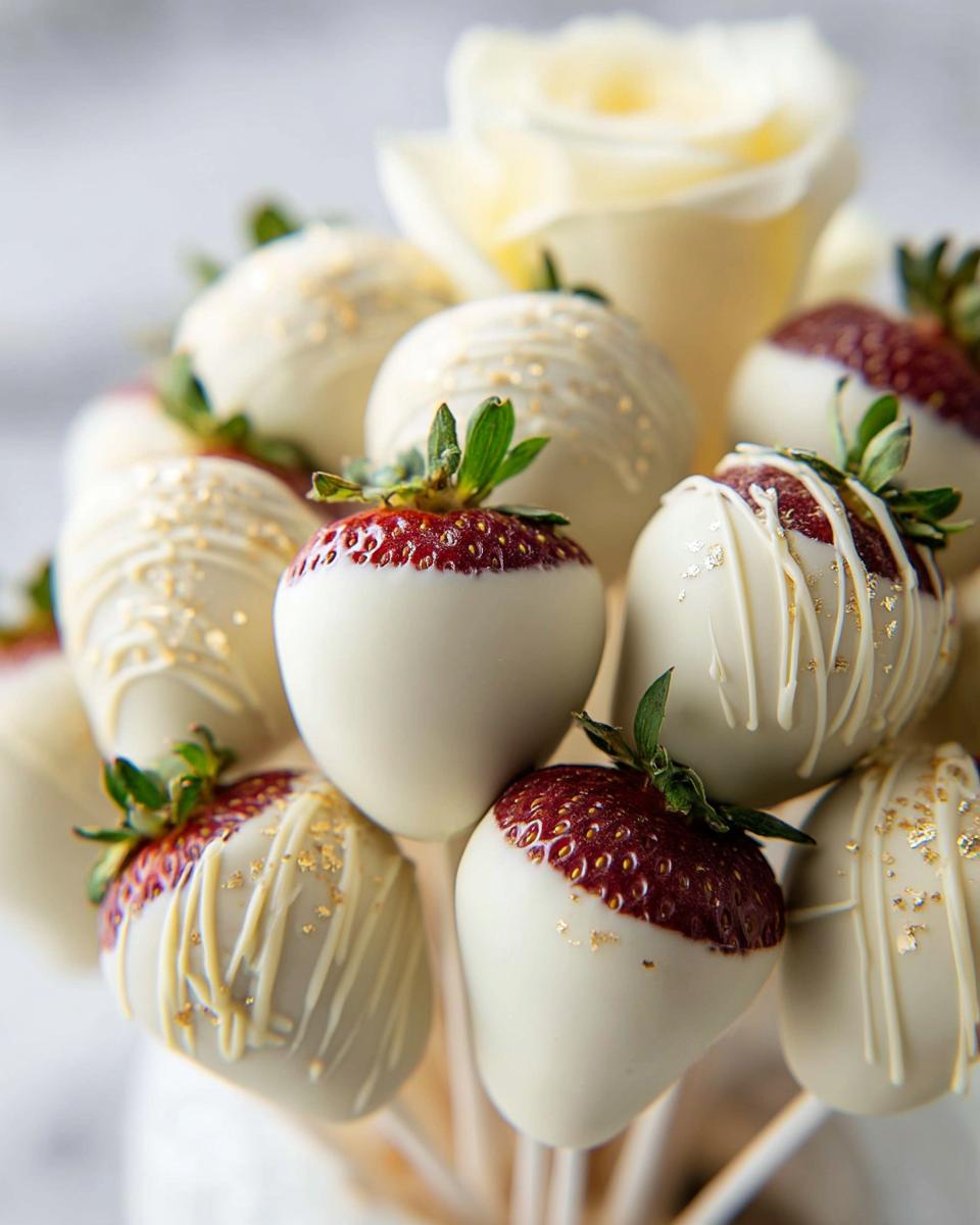 Close-up of a White Chocolate Strawberry Bouquet featuring strawberries dipped in white chocolate and drizzled with gold flakes.