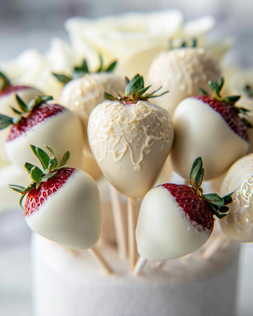 Close-up of several strawberries dipped in white chocolate, arranged as a White Chocolate Strawberry Bouquet.