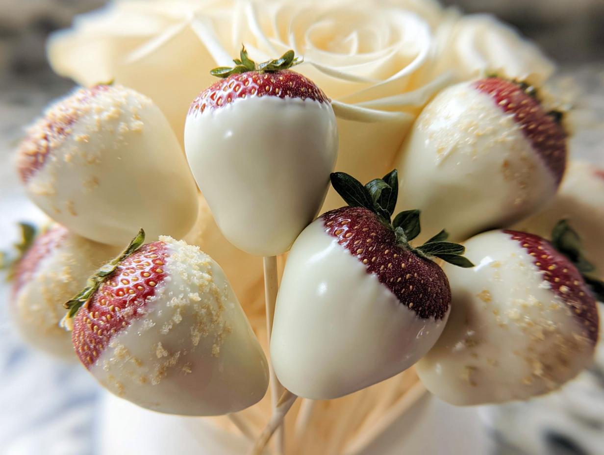 Several white chocolate strawberry bouquet treats dipped in white chocolate and sprinkled with crumbs, arranged in front of white roses.