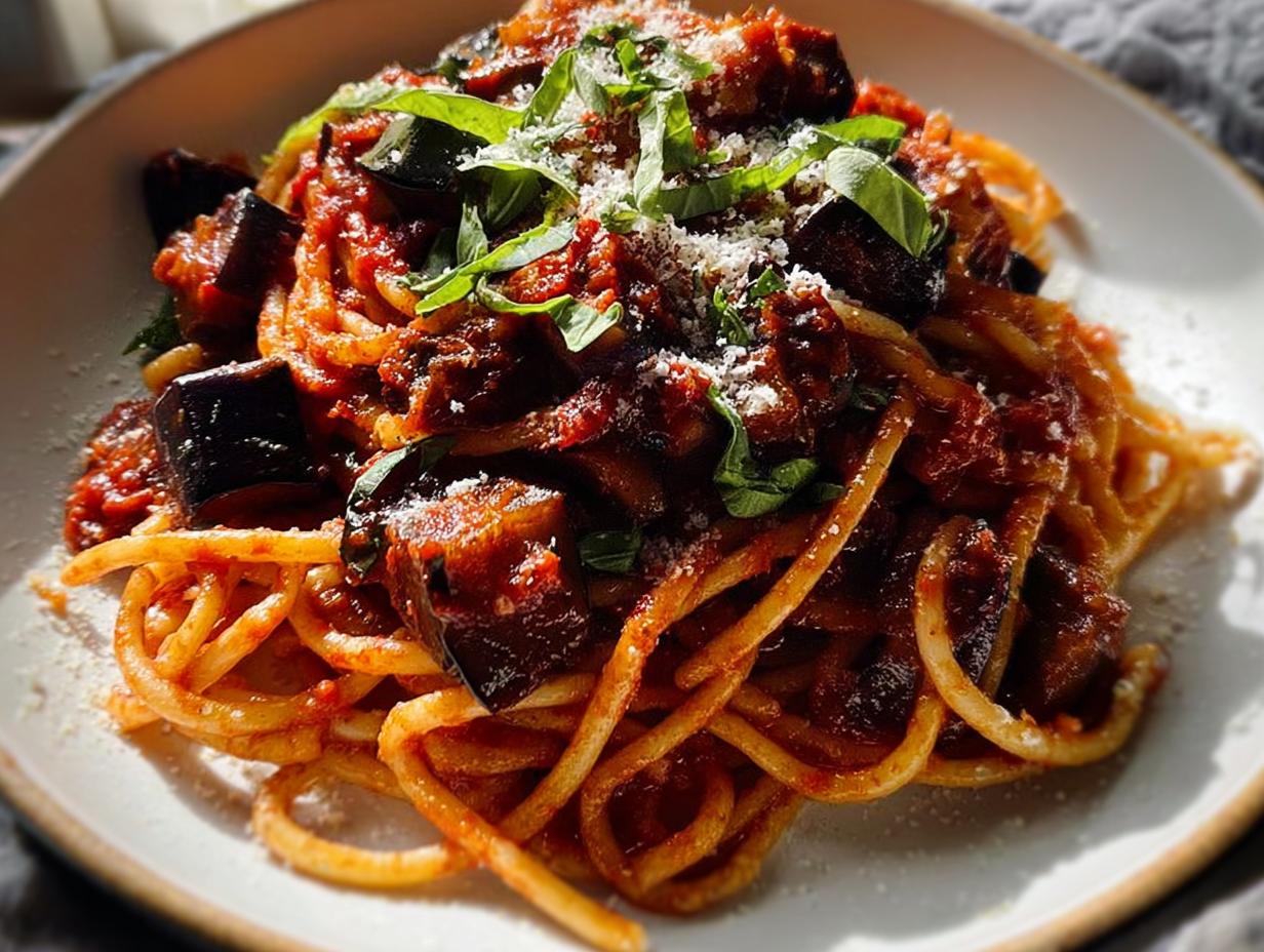Eggplant Pasta with Tomato Sauce - Featured