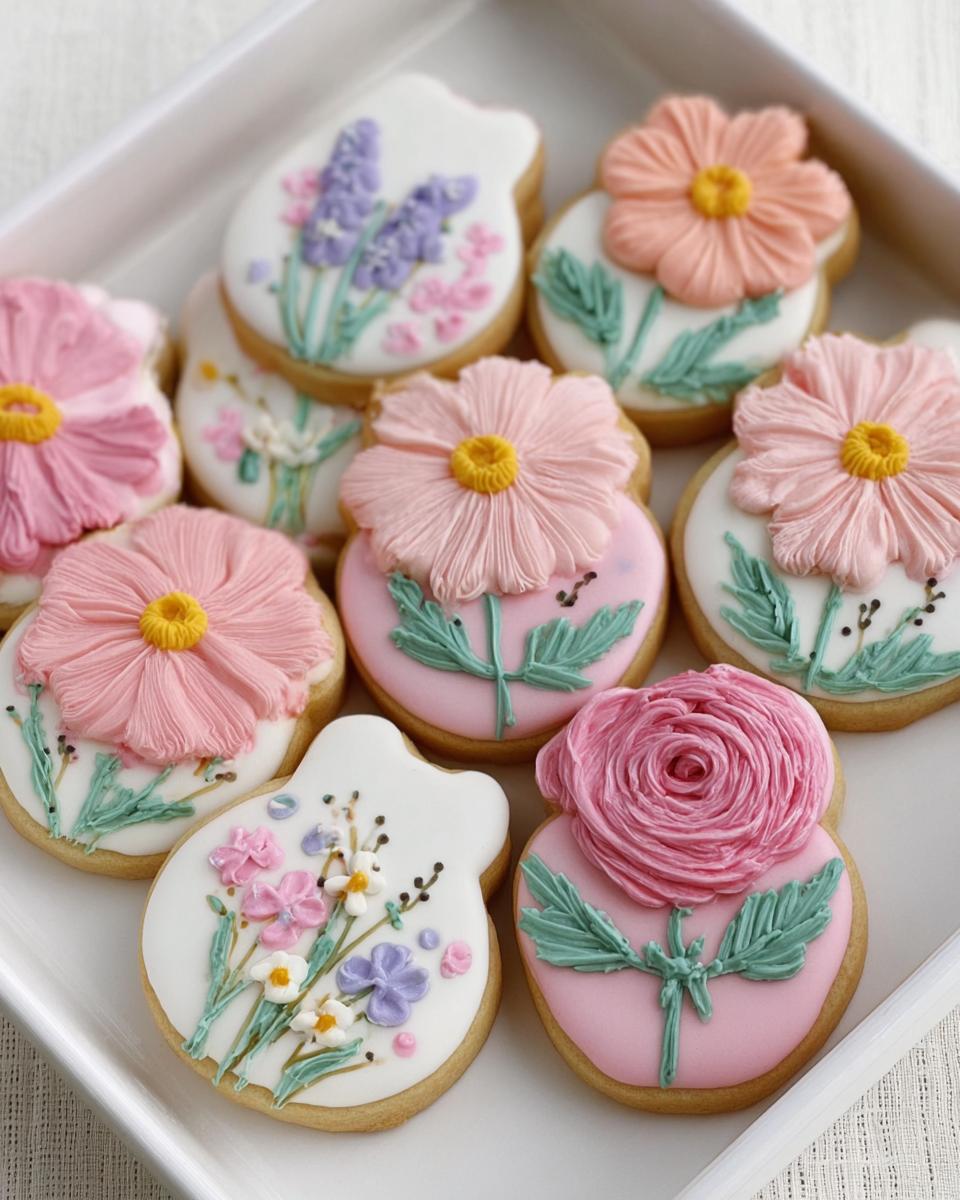 A collection of beautifully decorated Baby in Bloom Royal Icing Cookies featuring pink flowers and spring bouquets.